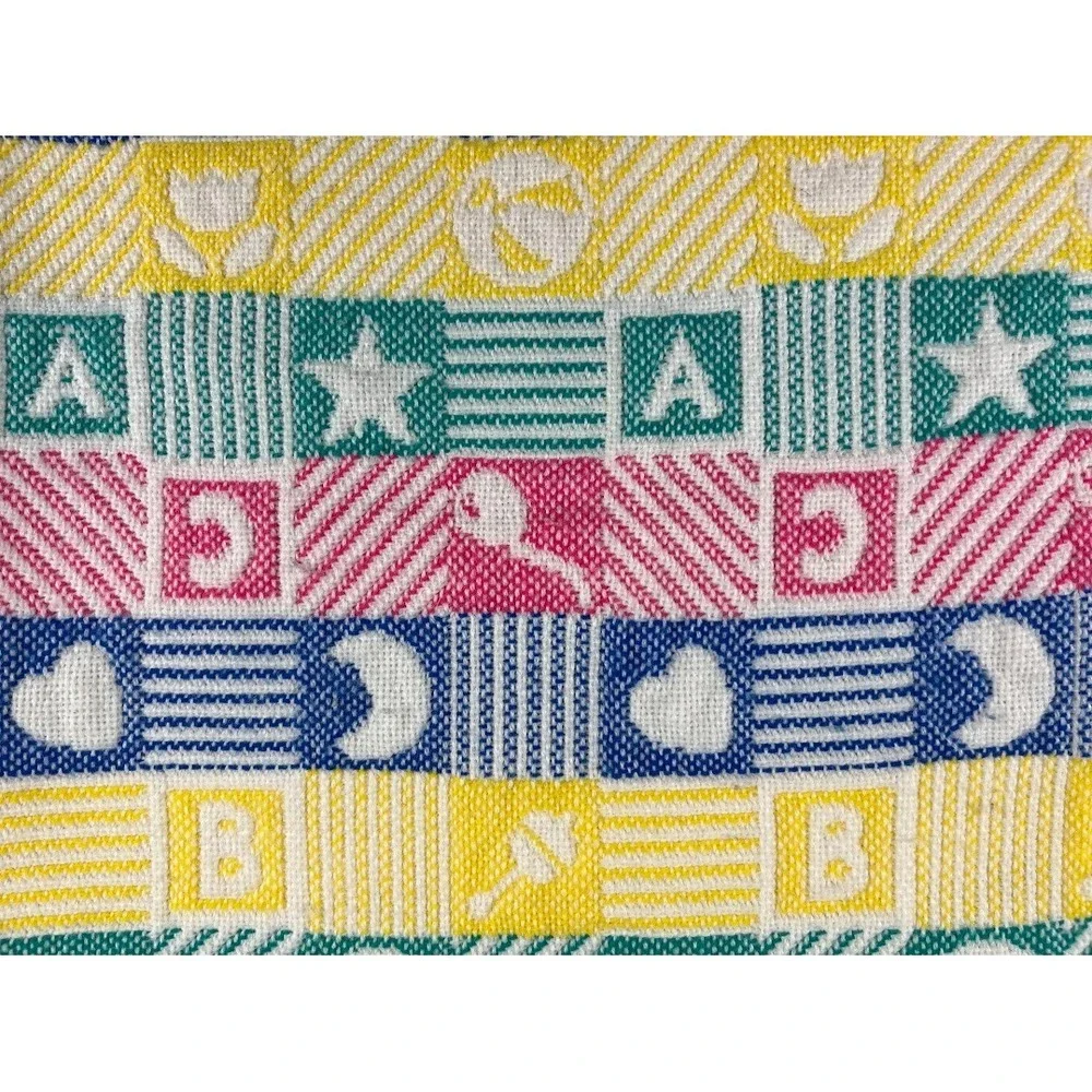 Vtg Woven Blocks Baby Blanket‎ Boy Girl Fringe A B C Rattle Heart Flower Bright
